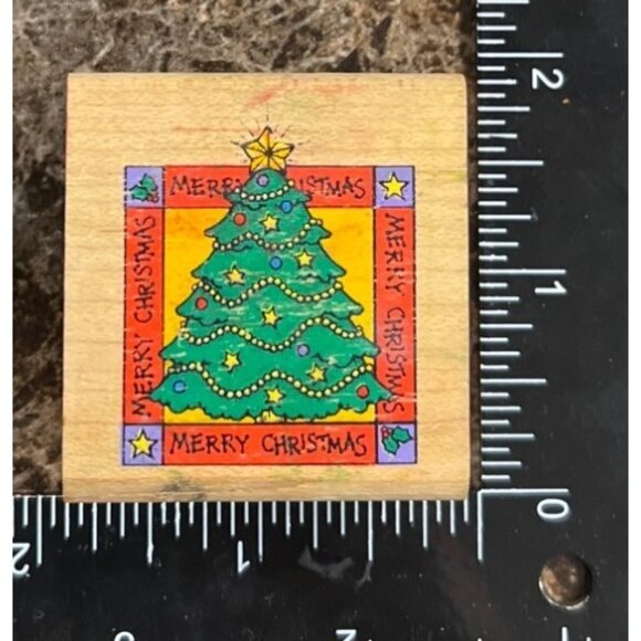 Wood Mounted Rubber Stamp Merry Christmas Tree Design Rubber Stampede - Picture 1 of 4